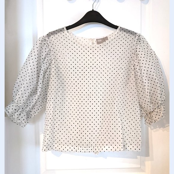 Puff Sleeve Polka Dot Mesh Shirt - Picture 4 of 5